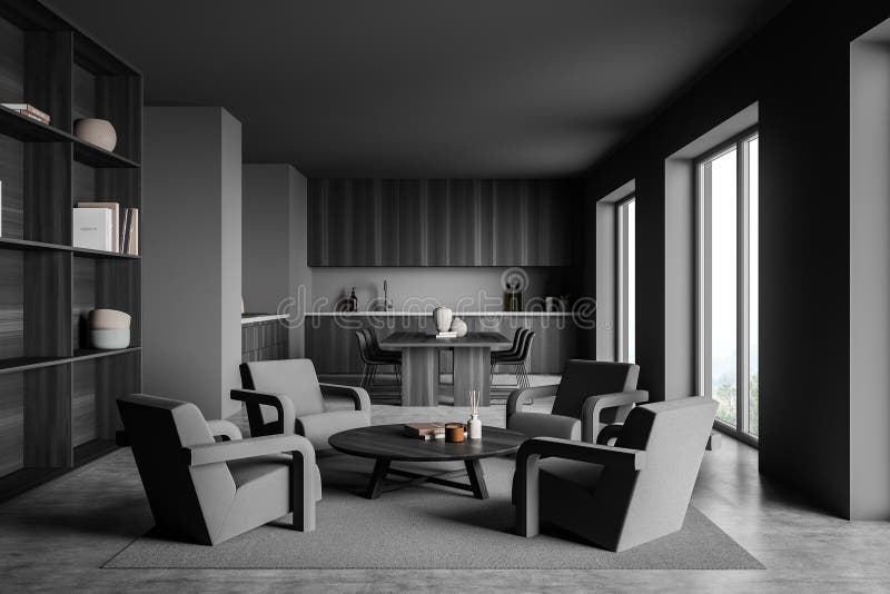 Modern grey living space with kitchen. Seating idea