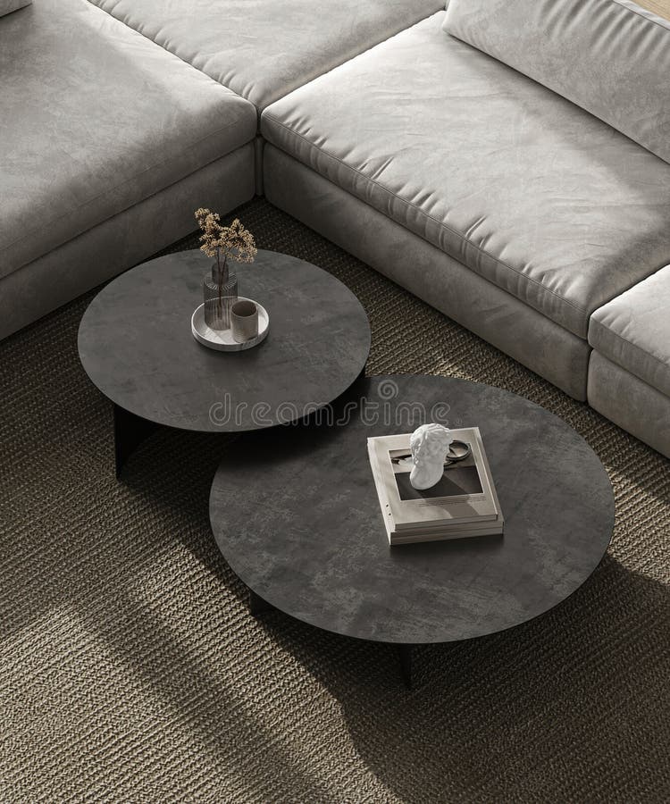 Modern grey minimalist interior livingroom with large modular sofa, table, flowers and book. Top view close up. 3d