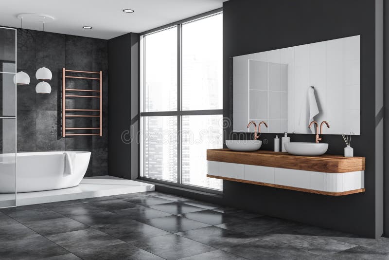 Modern Grey and White Bathroom with Copper Details. Corner View Stock ...