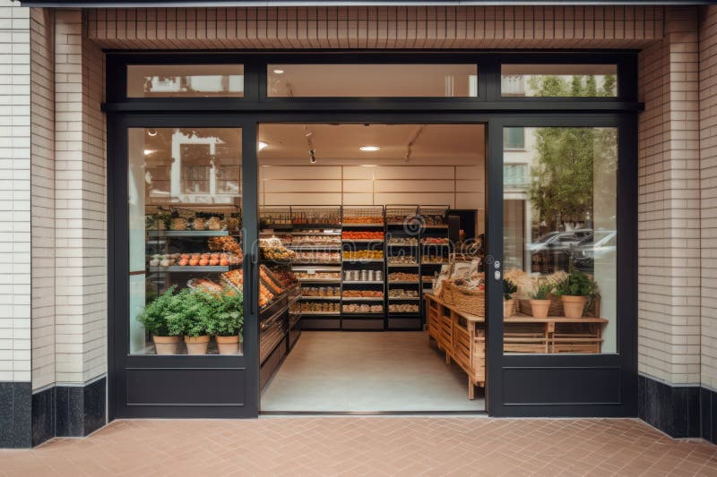 Modern Grocery Store Exterior Featuring Large Window Display and
