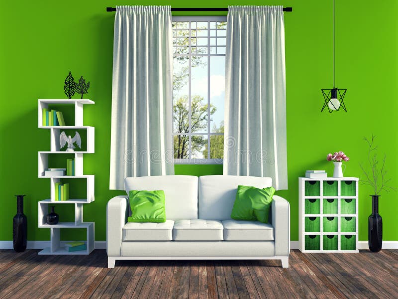 Modern groen woonkamerbinnenland met wit bank en meubilair en oude houten bevloering stock afbeelding Modern groen woonkamerbinnenland met wit bank en meubilair en oude houten bevloering stock afbeelding