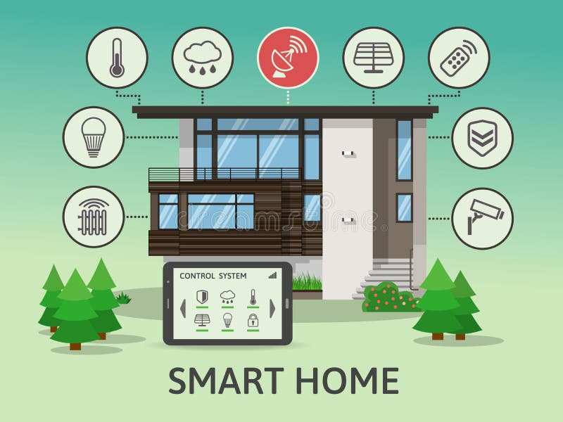 Modern Groot Slim Huis Het vlakke concept van de ontwerpstijl, technologiesysteem met gecentraliseerde controle Vector illustrati royalty-vrije illustratie Modern Groot Slim Huis Het vlakke concept van de ontwerpstijl, technologiesysteem met gecentraliseerde controle Vector illustrati royalty-vrije illustratie