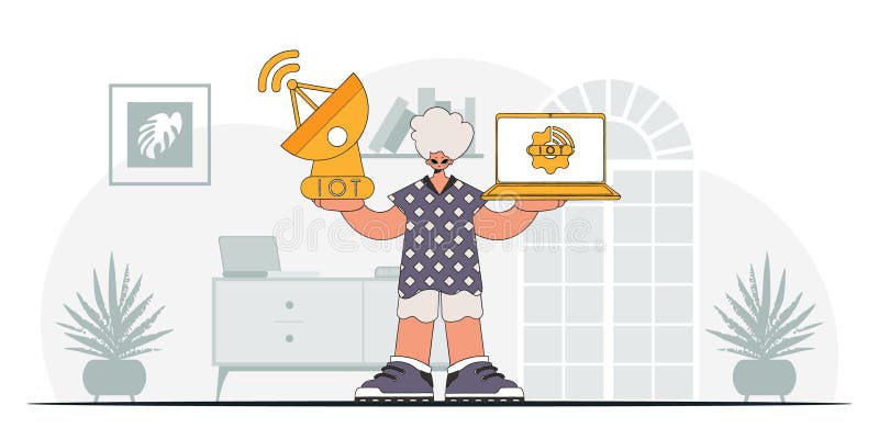 Modern Guy Vector Character, with Laptop and Satellite Dish for of Things. Stock Vector