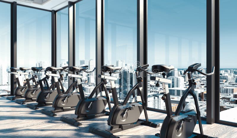 Modern gym with exercise bikes near big panoramic windows in skyscraper, 3d rendering. stock photo Modern gym with exercise bikes near big panoramic windows in skyscraper, 3d rendering. stock photo