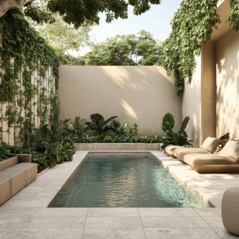 Modern gård med pool och spola grey arkivfoton