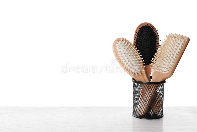 Modern Hair Brushes in Holder on White Wooden Table Stock Image - Image of  composition, hairstyle: 206348573