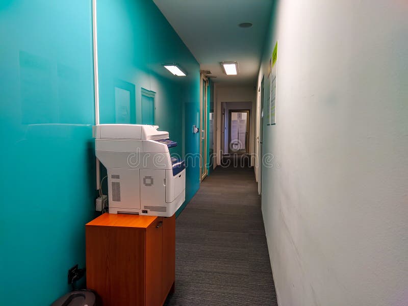 Modern Hallway at Work Office Job with Laser Printer Available for