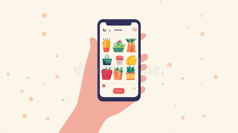 Modern hand using smartphone to access grocery delivery app with simple interface and vibrant icons showcasing fresh stock photography