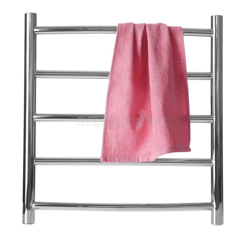 Modern Heated Towel Rail with Warm Soft Towel Isolated on White Stock