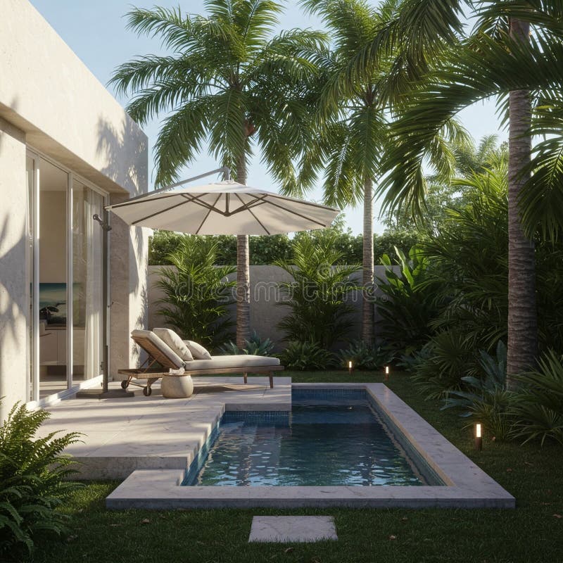 Modern hemmet med små poolparaplyer som genererats med AI arkivbilder