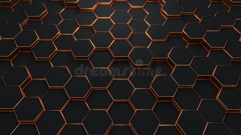 Modern hexagonal black and gold background texture pattern. Honeycombs at different level. 3d rendering illustration. Futuristic royalty free illustration