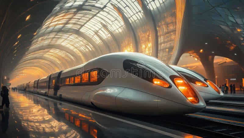 Modern high-speed train station showcasing advanced technology and busy activity during daylight in China stock illustration