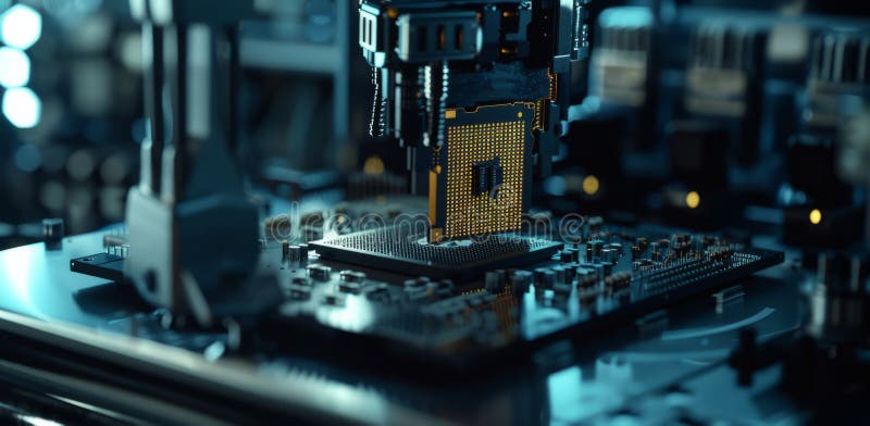 Modern High Tech Authentic Robot Arm Holding Contemporary Super Computer Processor. Industrial Robotic Manipulator End Effector Holding CPU Chip. High quality photo AI generated