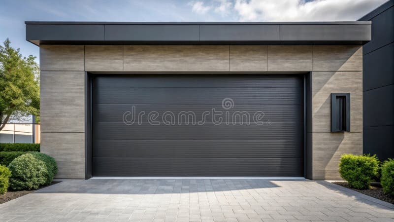 Modern home exterior featuring a sleek dark gray sectional garage door, stone facade, and paved driveway. Generative AI stock illustration