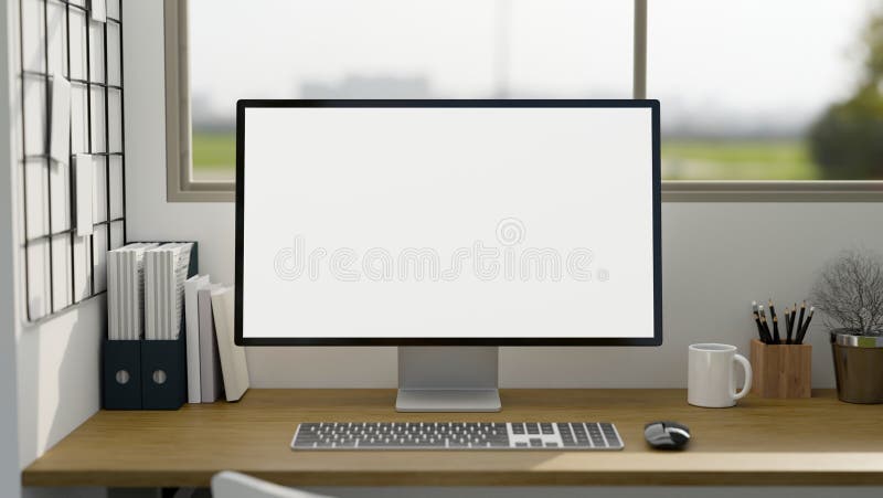Modern home office workplace with pc desktop computer mockup and stuff on wood table royalty free illustration