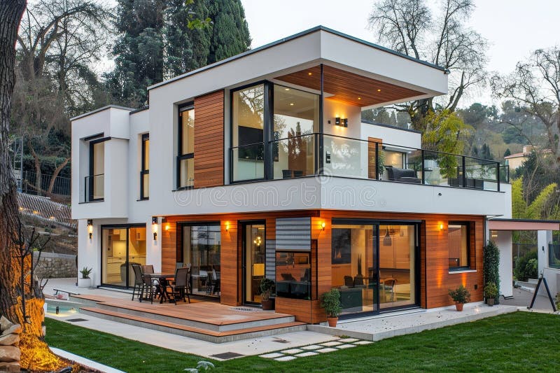 Modern Home with White Walls, Timber Accents, and Expansive Windows on