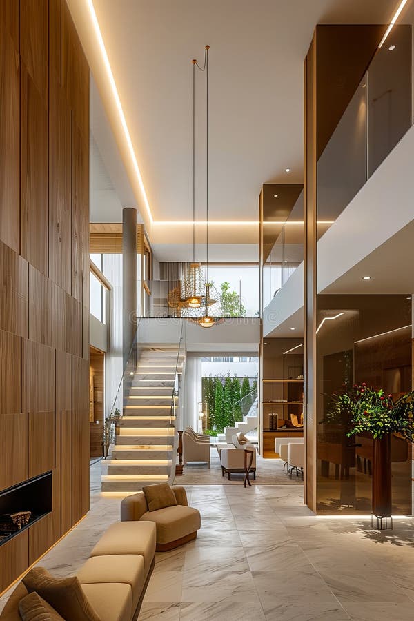 A Modern Home with Wood Paneling and Stairs Stock Image Image of