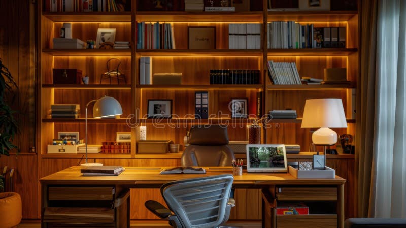 Modern Minimalist Workspace. Modern home workspace with a minimalist desk and built-in lighting. The image was created using ai.