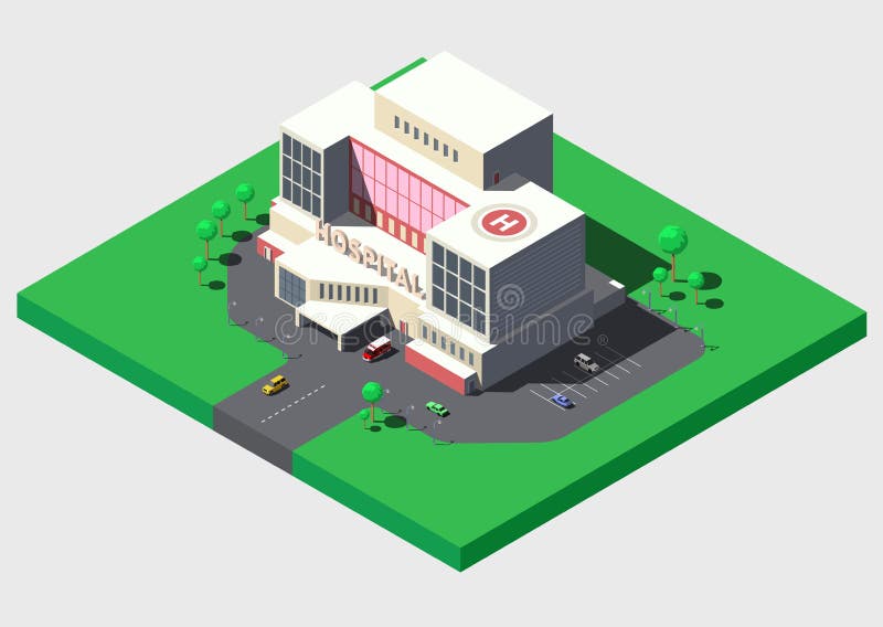 Modern hospital building with ambulance car, vector isometric illustration vector illustration