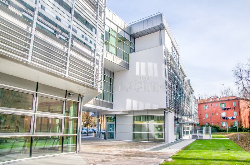 Modern hospital clinic building exterior.