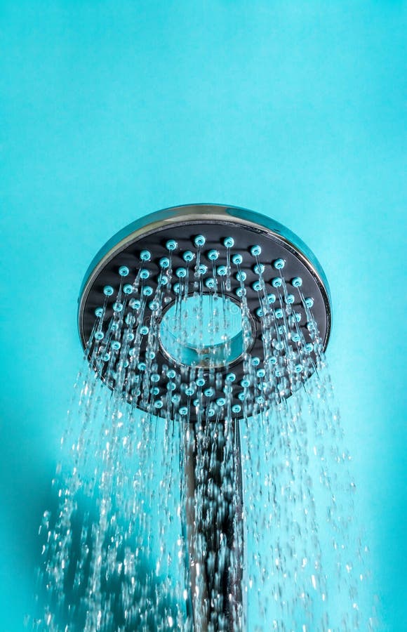 Modern Hot Shower with Stream of Water Close Up on a Blue Stock Image Image of lines
