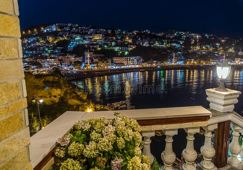 Modern hotels contrast with the old town along the rocky coastline at Ulcinj, Montenegro