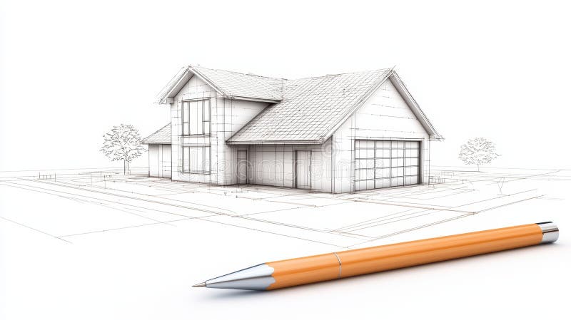 Modern house blueprint and pencil, detailed architectural drawing for construction design vector illustration