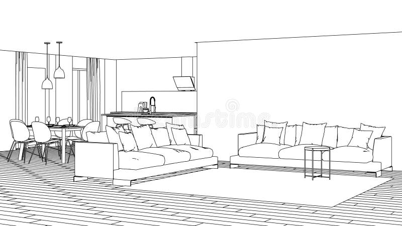 Modern House Interior Design Project Sketch Stock Illustration