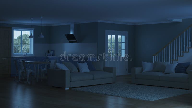 Modern House Interior. Night. Evening Lighting Stock Image - Image of  background, kitchen: 123393011