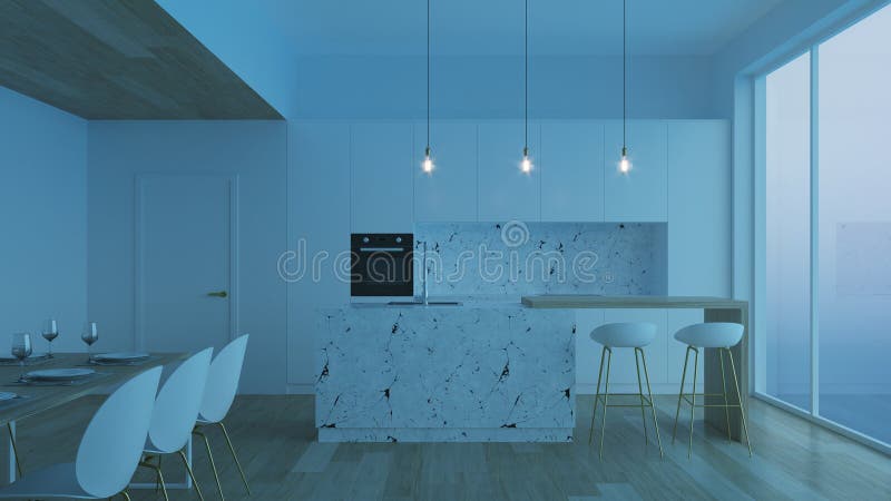 Modern House Interior Night Evening Lighting Interior With White