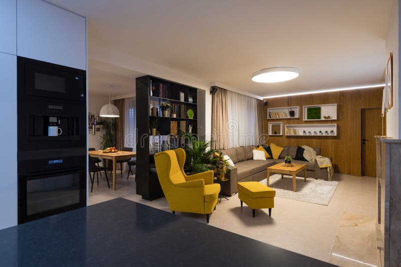 Modern House Interior Kitchen, Living Room and Dining Room Connected