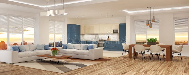Modern house interior of living room with kitchen in light colors made in scandinavian style. Modern house interior of living room with kitchen in light colors made in scandinavian style