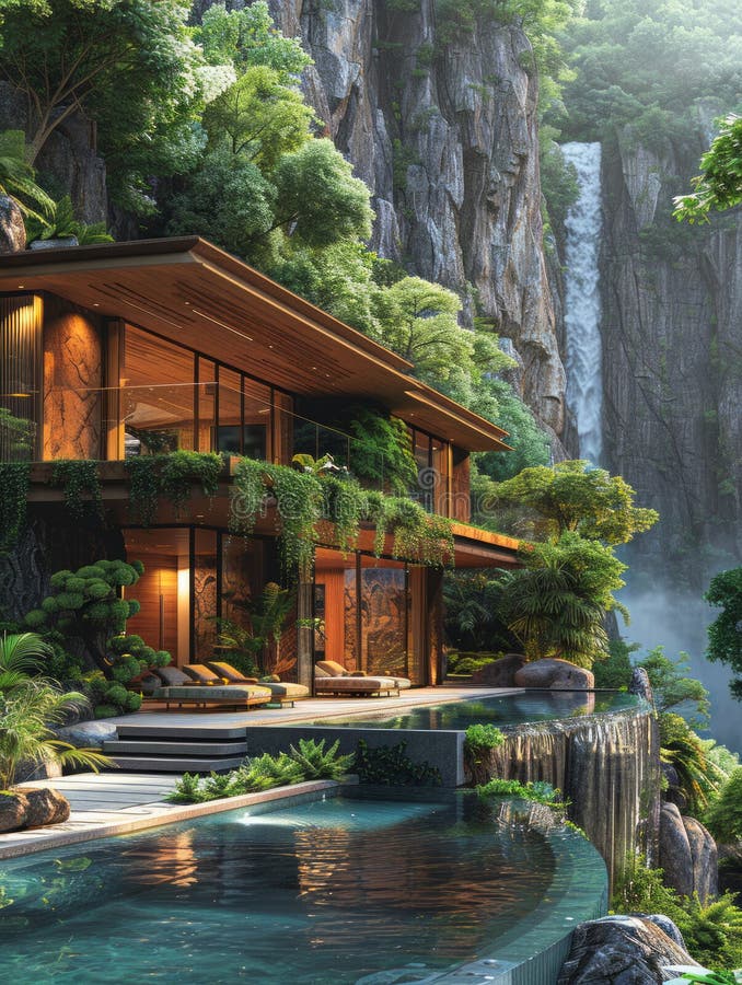 Modern House in the Mountains Waterfall and Pool Stock Image Image of