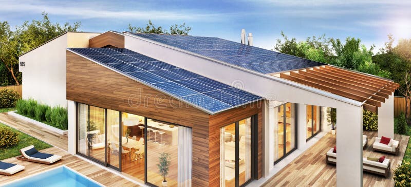 Bella casa moderna con pannelli solari sul tetto.