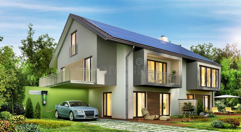 Modern house with solar panels on the roof and electric car