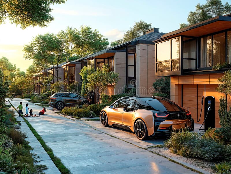 Modern housing development at sunrise sunset with contemporary houses, reflective windows, balconies, mixed materials wood, concrete, EV charging station, luxury car, trees, pedestrians, serene, up. Development ev stock images, royalty-free photos and pictures