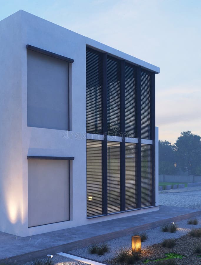 Modern huis buiten met openluchtverlichting bij schemering stock afbeeldingen Modern huis buiten met openluchtverlichting bij schemering stock afbeeldingen