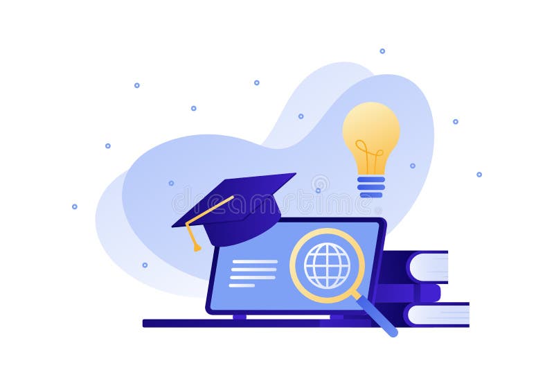 Modern illustration av modern platt utbildning med vektor. Bok på handbok för bärbara glödlampsböcker, master hat. idé om onlineut stock illustrationer