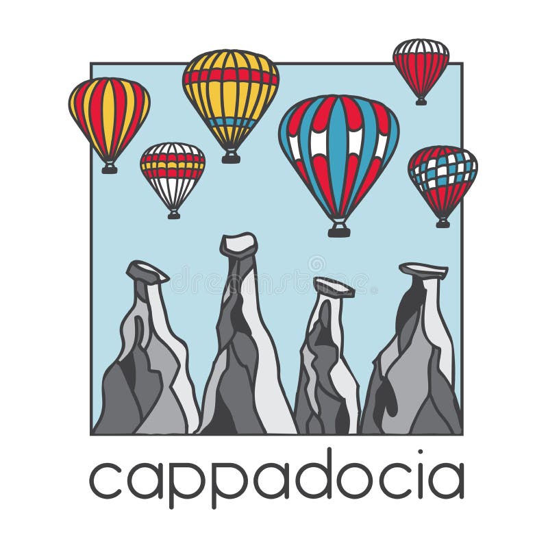 Modern illustration of a famous turkish travel destination Cappadocia. Bright striped air balloons and chimney rocks.