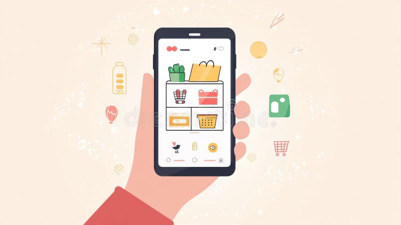 Modern illustration of a hand using a grocery delivery app on a smartphone with a user-friendly design and soft royalty free stock image