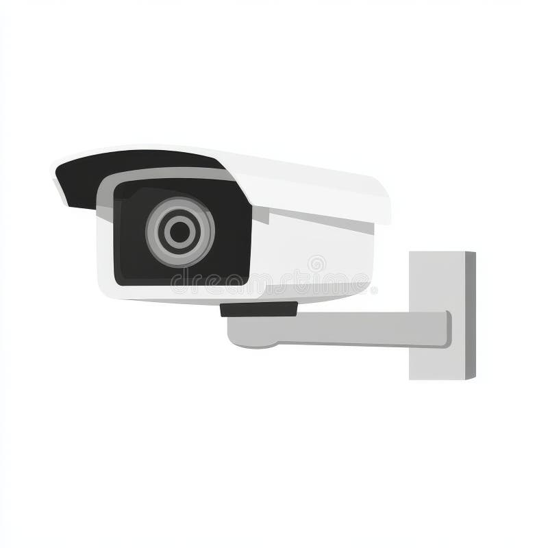 A modern illustration of a security facial recognition camera is depicted in cartoon form. Cartoon security camera illustrations