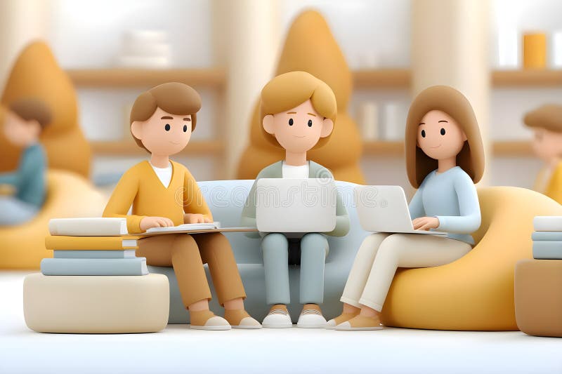 A modern illustration showcasing students collaborating in a cozy study environment royalty free stock photography
