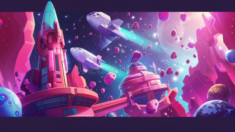 Modern illustration of a space festival cartoon web banner, an invitation to a music show or concert with a DJ performance. Space shuttle and alien station in a galaxy with planets.. AI generated