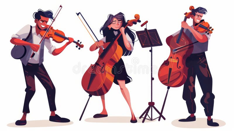 Modern illustration of street musician band people. Man playing contrabass with a violin girl earning money at a concert royalty free illustration