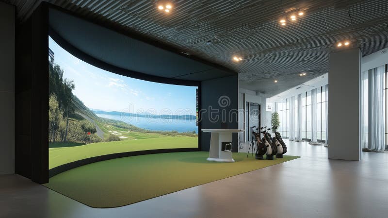 Modern Indoor Golf Simulator with Curved Screen, High-Tech Golf Training Setup. Modern indoor golf simulator with a large curved projection screen, realistic golf course landscape displayed, sleek sports equipment, soft lighting, minimalistic high-tech interior, no people AI generated