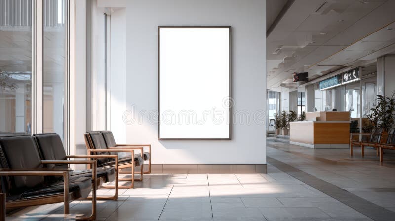 Modern Indoor Waiting Area Featuring Minimalist Design and Blank Advertising Wall Space for Creative Display Opportunities royalty free stock image