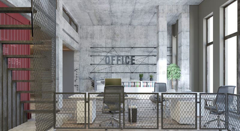 Modern industrial office interior with concrete walls. 3D render of empty workspace design vector illustration