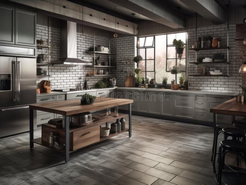 A Modern Industrial Style Kitchen with Stainless Steel Appliances