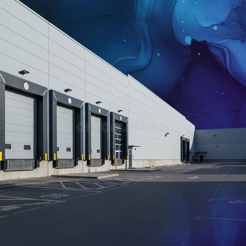 Modern industrial warehouse structure with five loading docks featuring closed gray royalty free illustration