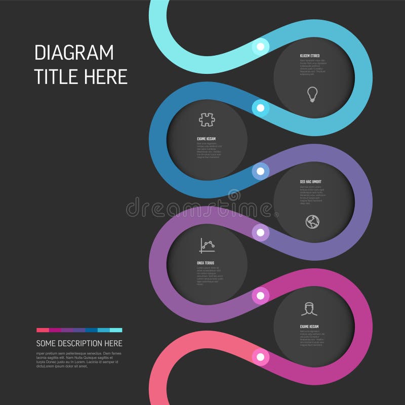 A modern infographic timeline design element features a wavy multi-colored line with connected circles on a dark background. This infographic timeline is perfect for presentations and flowcharts. Wavy timeline vectors